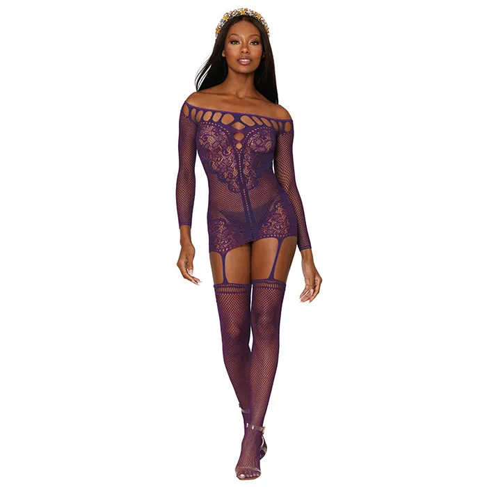 Dreamgirl Fishnet Lace Garter Dress With Attached Stockings Aubergine OS Dreamgirl International Female Sex Toys Dreamgirl Fishnet Lace Garter Dress With Attached Stockings Aubergine OS Dreamgirl International Female Sex Toys