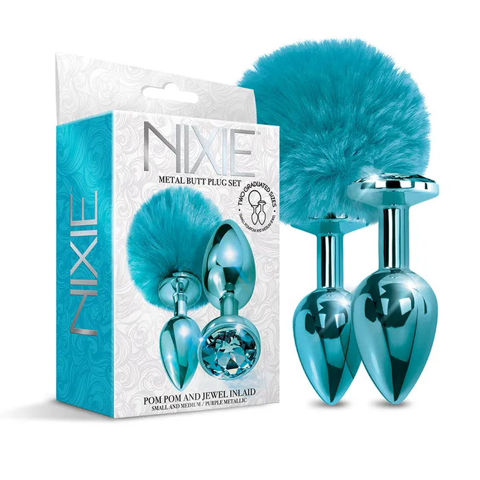 NIXIE Metal Butt Plug Set Pom Pom and JewelInlaid Metallic Blue Global Novelties LLC Anal NIXIE Metal Butt Plug Set Pom Pom and JewelInlaid Metallic Blue Global Novelties LLC Anal