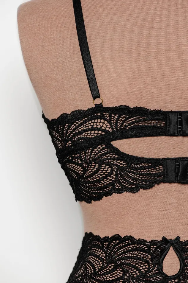 Anal Mentionables Lacy Satin Keyhole Bralette Black