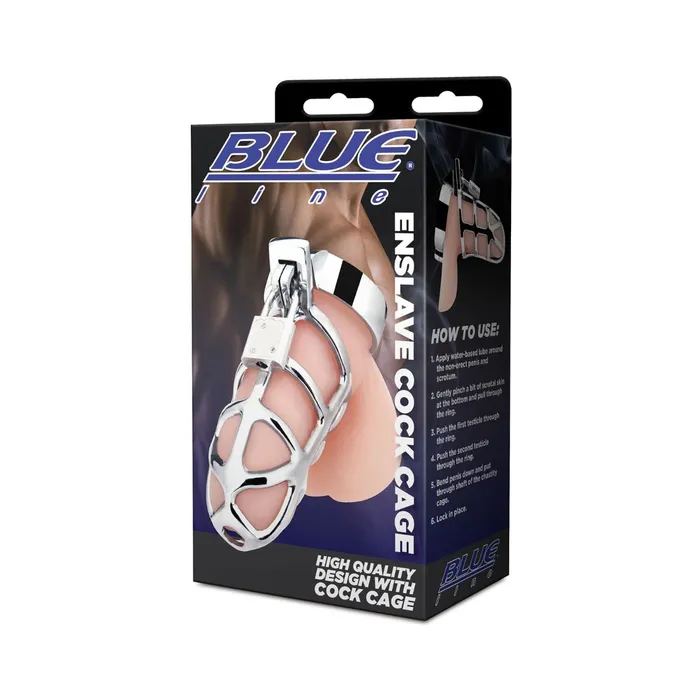 Blue Line Enslave Cock Cage Silver Blue Line Male Sex Toys
