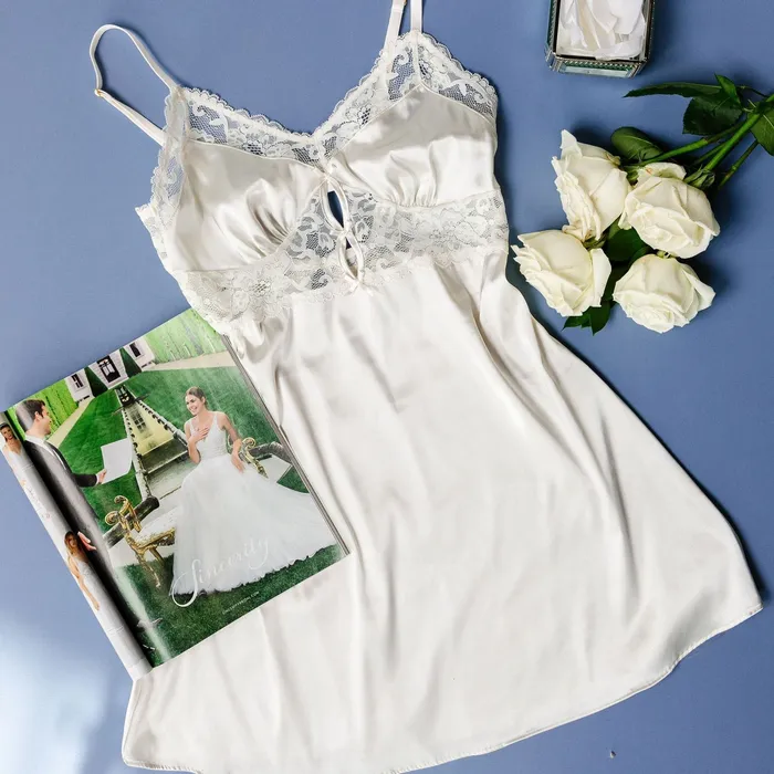 Couples Mentionables Satin Eyelash Lace Slip Iridescent Cream
