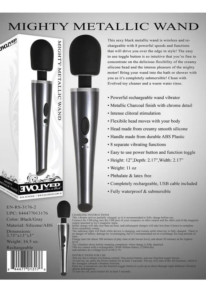 Evolved Female Sex Toys Mighty Metallic Wand Rechargeable Silicone Body Massager