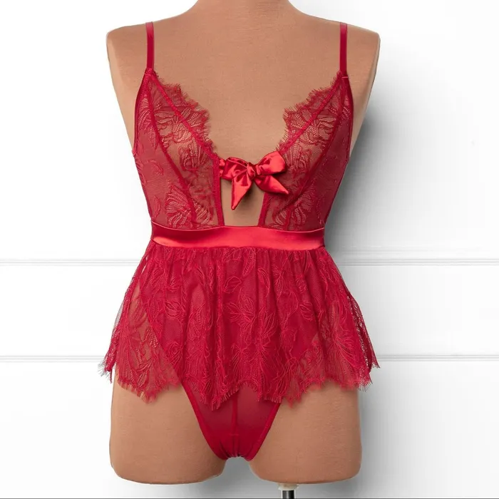 Mentionables Vibrators Eyelash Lace Crotchless Teddy Red