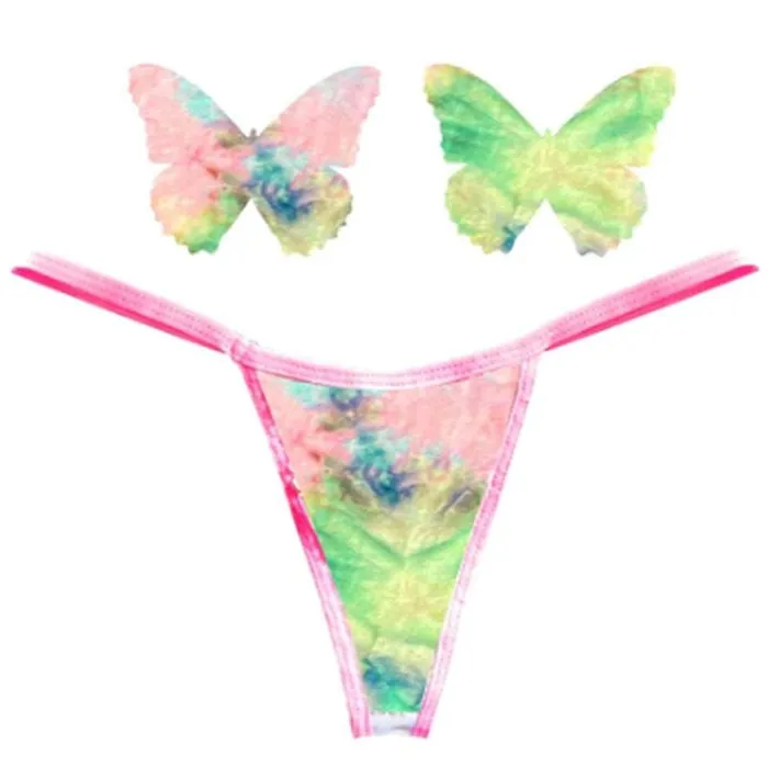 Rainbow Sherbet Tie Die Butterfly Pastie and Panty Set Neva Nude Female Sex Toys