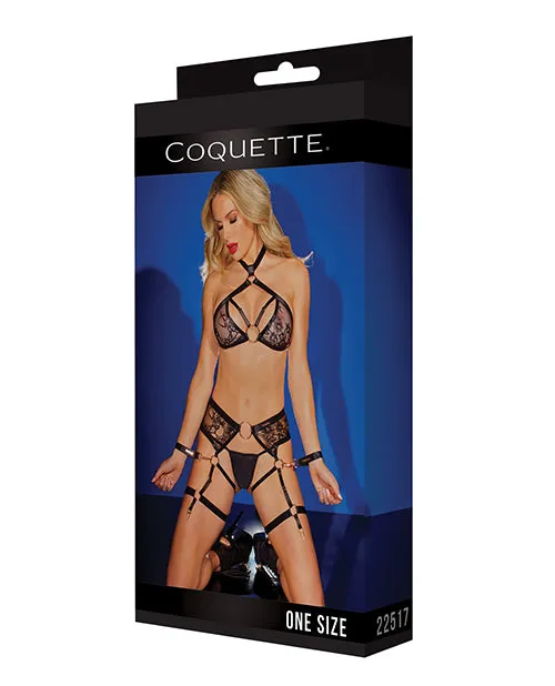 Anal Coquette Black Label Black Label Strappy Detail Halter Top Crotchless Panty Garters Restraints Black OS Anal Coquette Black Label Black Label Strappy Detail Halter Top Crotchless Panty Garters Restraints Black OS