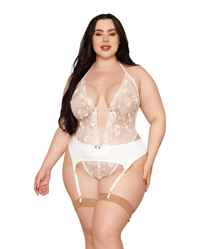 Anal Dreamgirl Rose Embroidered Lace Teddy wRemovable Satin Garter 2 pc Set White 1X Anal Dreamgirl Rose Embroidered Lace Teddy wRemovable Satin Garter 2 pc Set White 1X