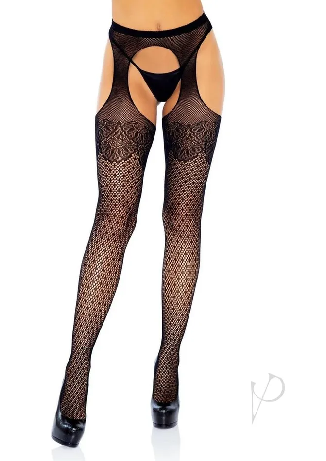 Anal Leg Avenue Leg Avenue Polka Dot Fishnet Suspender Hose with Lace Top and Cuban Heel OS Black
