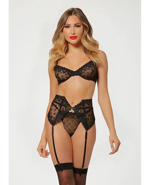 Anal Valentines Heart Embroidered Mesh Bra Waspie Panty Black XL Seven Til Midnight