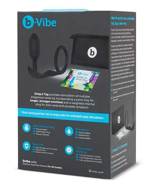 B Vibe Male Sex Toys BVibe Snug and Tug Silicone Cock Ring and Anal Plug Black