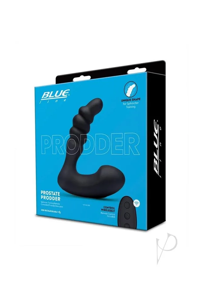 Blue Line Prodder Silicone Rechargeable Sphincter Training Prostate Stimulator with Remote Control Black Blue Line Cand B Gear Anal