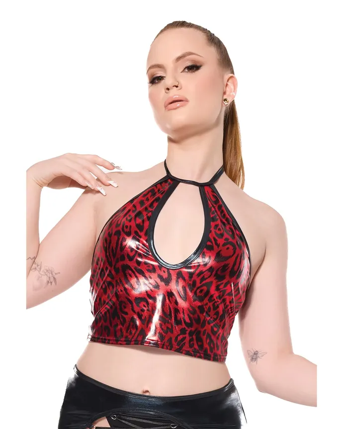 Darque Vibrators Darque Metallic Wet Look Keyhole Halter Top RedBlack SM