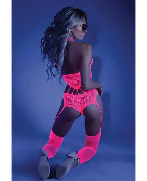 Dildos Glow By Fantasy Lingerie Glow Black Light Footless Teddy Bodystocking Neon Pink OS