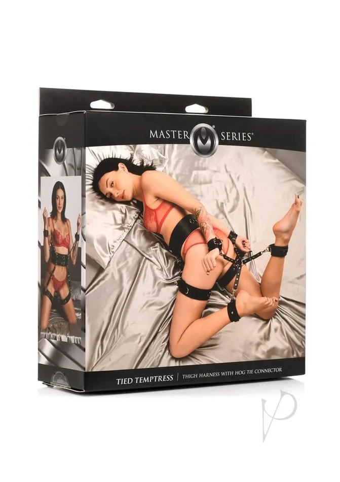 Female Sex Toys Master Series Master Series Tied Temptress Thigh Harness with Hog Tie Connector BlackGold Female Sex Toys Master Series Master Series Tied Temptress Thigh Harness with Hog Tie Connector BlackGold