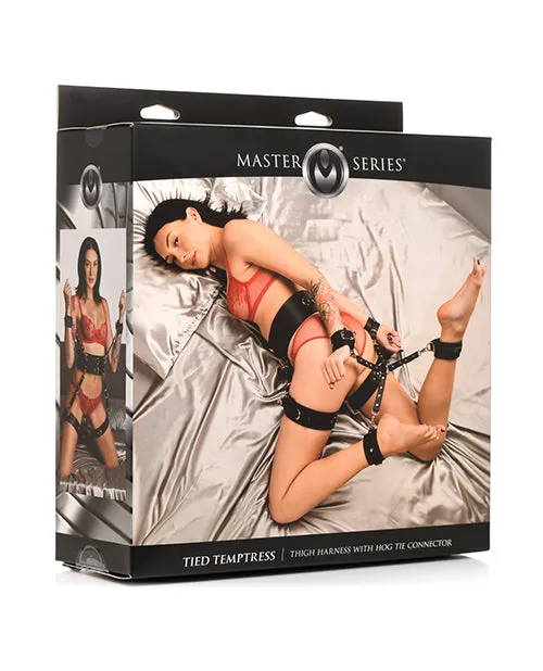 Female Sex Toys Master Series Master Series Tied Temptress Thigh Harness with Hog Tie Connector BlackGold