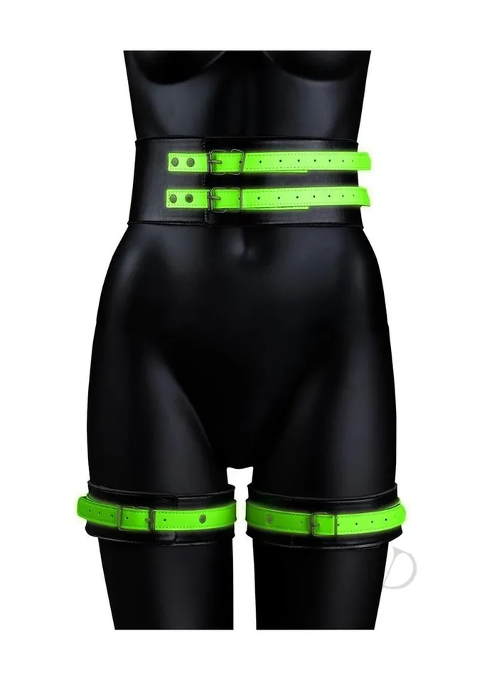 Female Sex Toys Ouch Ouch Thigh Cuffs with Belt and Handcuffs Glow in the Dark LargeXLarge Green