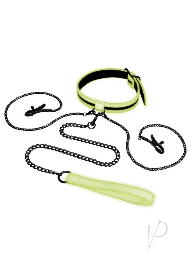 Female Sex Toys Whipsmart WhipSmart Glow in the Dark Collar with Nipple Clips and Leash Green