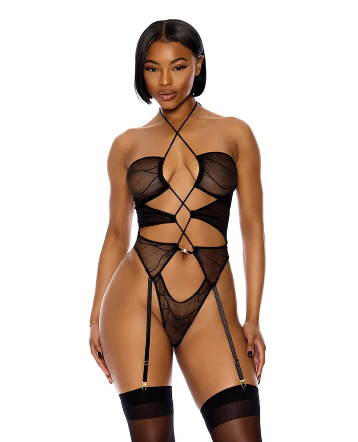 FORPLAY Anal Pull My Strings Sheer Mesh Halterneck Teddy Black LG