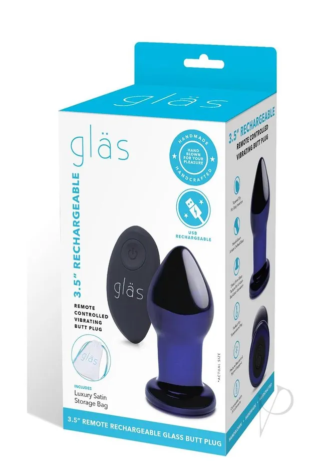 Glas Glas RechargeableVibrating Glass Butt Plug with Remote Control 35in Blue Anal