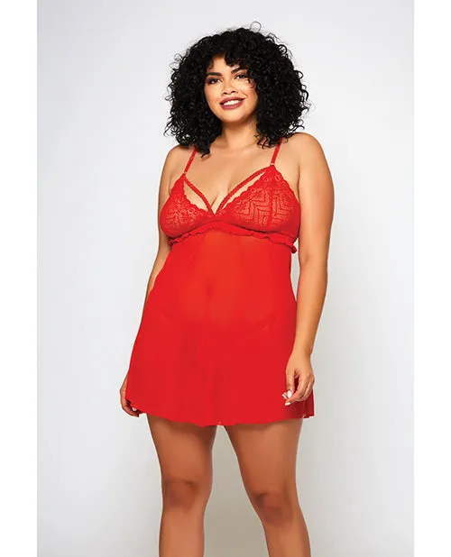 Icollection Lingerie Vibrators Galloon Lace Fine Mesh Babydoll GString Red 2X