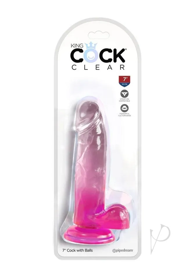 King Cock Clear Dildo with Balls 7in Pink King Cock Dildos