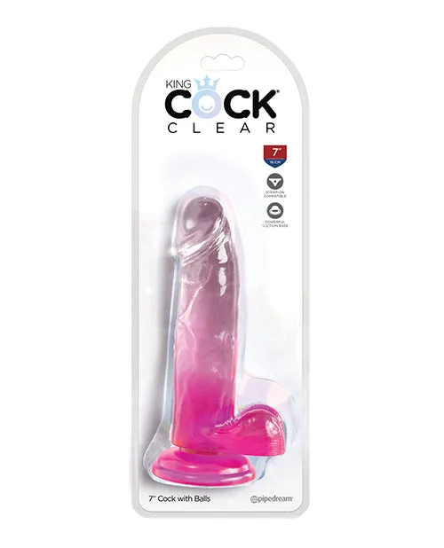 King Cock Clear Dildo with Balls 7in Pink King Cock Dildos
