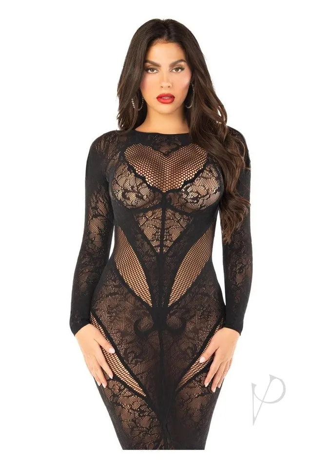 Leg Avenue Anal Leg Avenue Lace and Net Body Con Gown with Heart Keyhole Detail OS Black