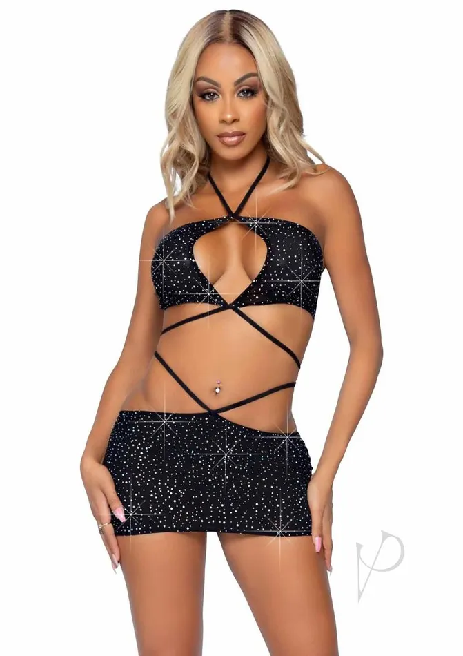 Leg Avenue Rhinestone Keyhole Bandeau Top and Low Rise Skirt with Waist Strap Detail 2 pieces Small Black Leg Avenue Anal