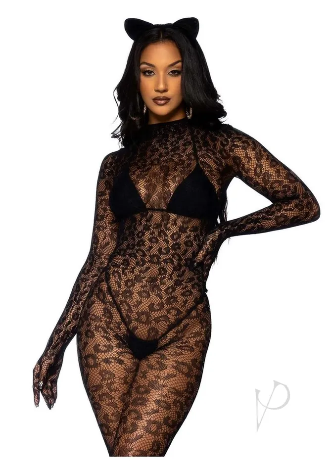 Leg Avenue Seamless Leopard Net Gloved Catsuit OS Black Leg Avenue Anal