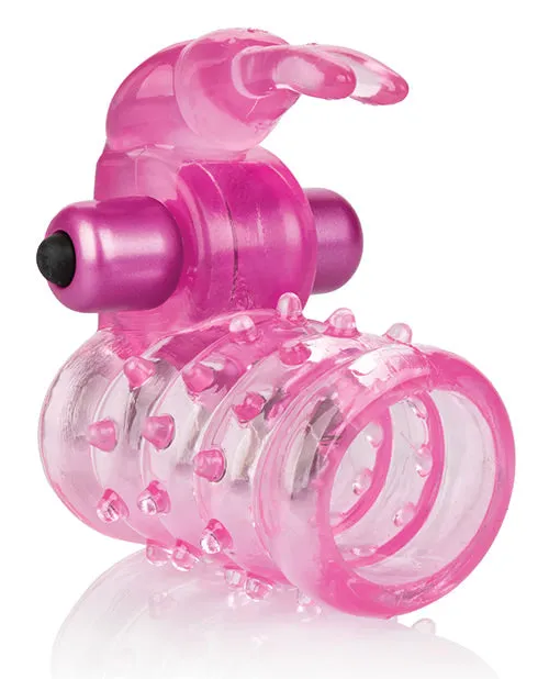Male Sex Toys Basic Essentials Stretchy Vibrating Bunny Enhancer Cock Ring with Clitoral Stimulation Pink Basic Essentials