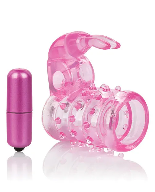 Male Sex Toys Basic Essentials Stretchy Vibrating Bunny Enhancer Cock Ring with Clitoral Stimulation Pink Basic Essentials