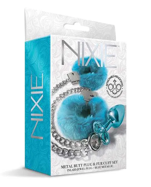 Nixie Anal Nixie Metal Butt Plug wInlaid Jewel Fur Cuff Set Blue Metallic Nixie Anal Nixie Metal Butt Plug wInlaid Jewel Fur Cuff Set Blue Metallic