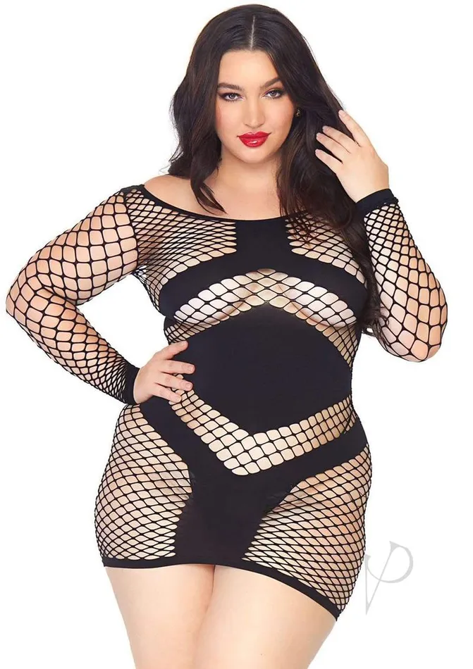 Plus Size Leg Avenue Leg Avenue Diamond Net Long Sleeved Mini Dress with Opaque Panel Accents Plus Size Black Plus Size Leg Avenue Leg Avenue Diamond Net Long Sleeved Mini Dress with Opaque Panel Accents Plus Size Black