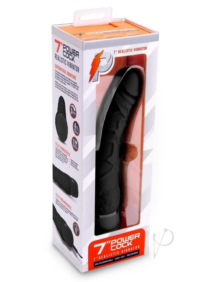 Powercocks Silicone Realistic Vibrator 7in Black Powercocks Female Sex Toys
