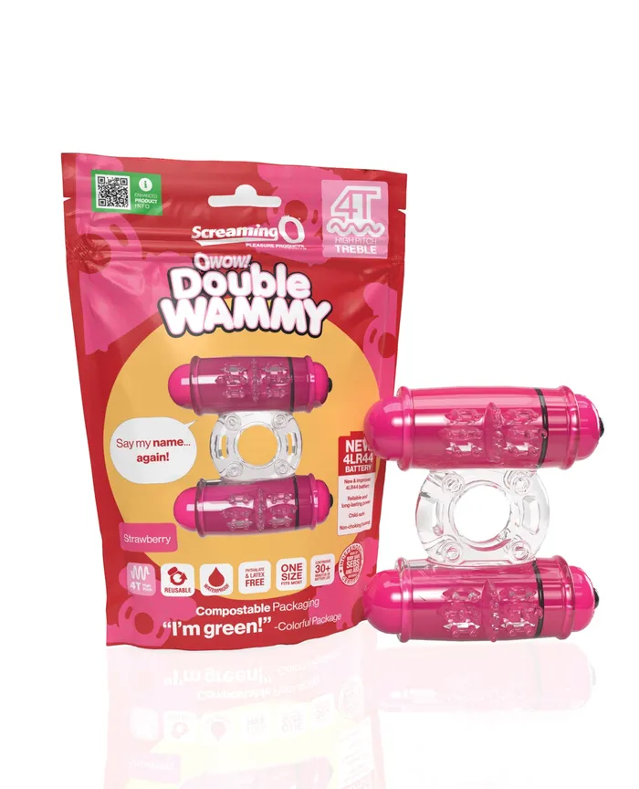 Screaming O Couples 4T Double Wammy Silicone Dual Vibrating Couples Cock Ring Strawberry