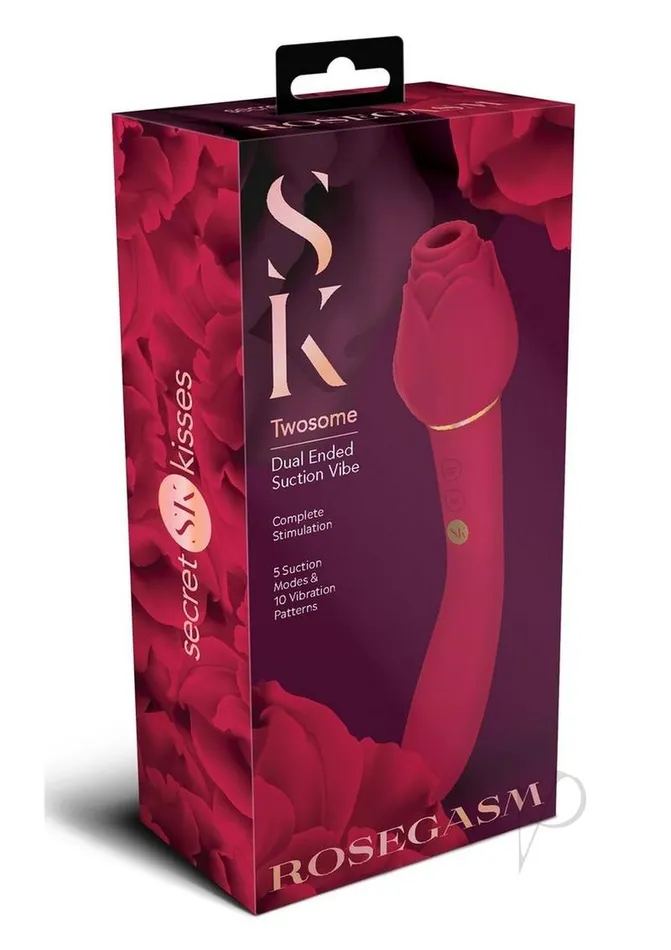 Secret Kisses Secret Kisses Rosegasm Twosome Rechargeable Silicone Dual End Vibrator with Clitoral Stimulator Red Female Sex Toys