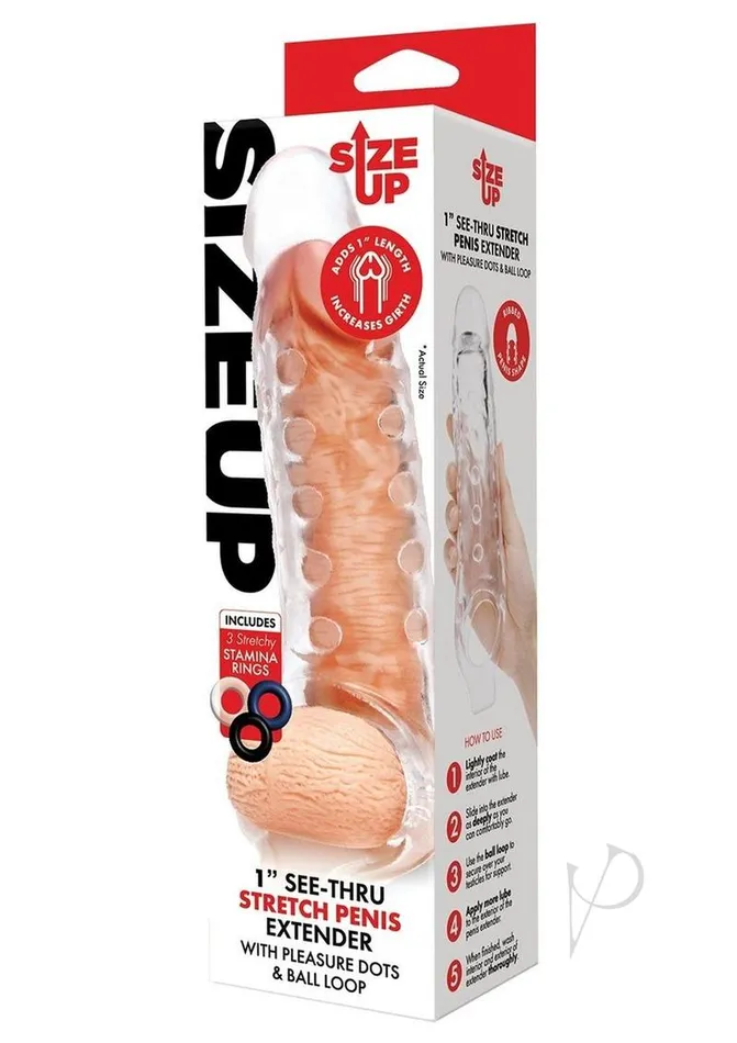 Size Up Studded Clear View Penis Extender with Ball Loop 1in Size Up Male Sex Toys