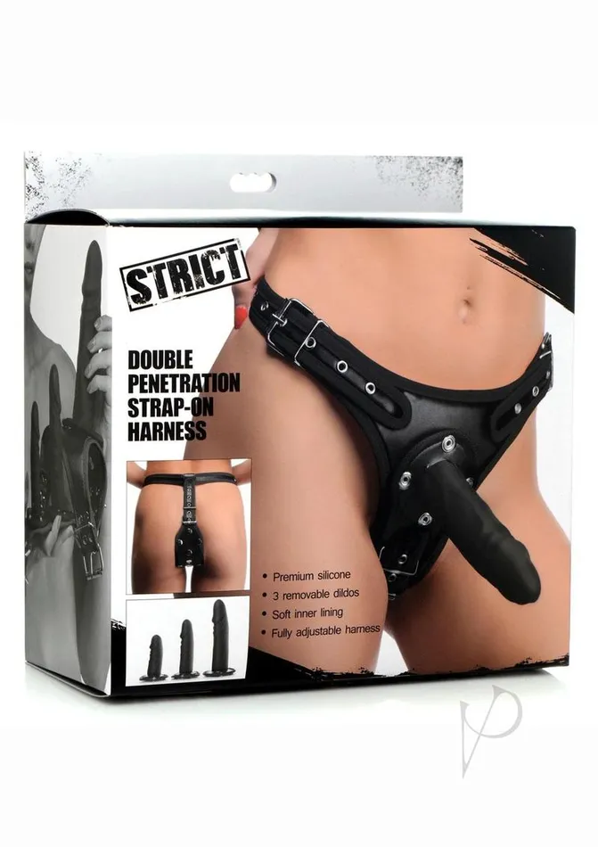 Strict Strict Double Penetration StrapOn Harness with Silicone Dildos 3 pack Black Female Sex Toys Strict Strict Double Penetration StrapOn Harness with Silicone Dildos 3 pack Black Female Sex Toys