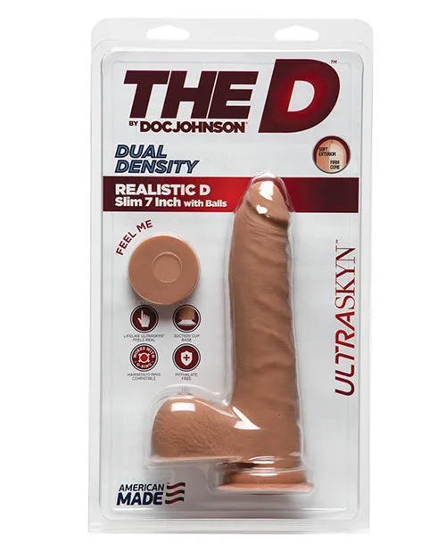 The D Female Sex Toys The D Realistic D Ultraskyn Slim Dildo with Balls 7in Caramel
