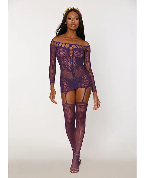 Vibrators Black Diamond Scalloped Lace and Fishnet Garter Dress wAttached Stockings Purple OS Vibrators Black Diamond Scalloped Lace and Fishnet Garter Dress wAttached Stockings Purple OS