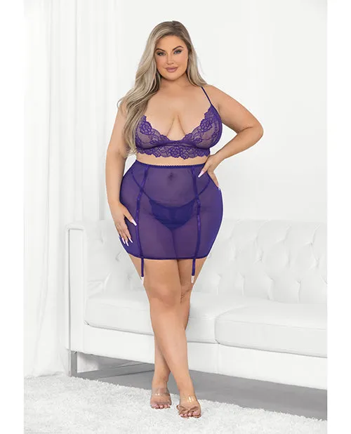 Vibrators Escante Lace Mesh Long Line Bra Garter Skirt GString Midnight Purple 1X Vibrators Escante Lace Mesh Long Line Bra Garter Skirt GString Midnight Purple 1X