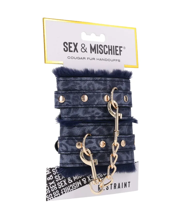 Vibrators Sex and Mischief Cougar Fur Handcuffs NavyGold Sex And Mischief