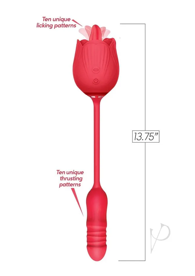 Wild Rose Lick and Thrust Rechargeable Silicone Dual Vibrator with Clitoral Stimulator Red Wild Rose Female Sex Toys