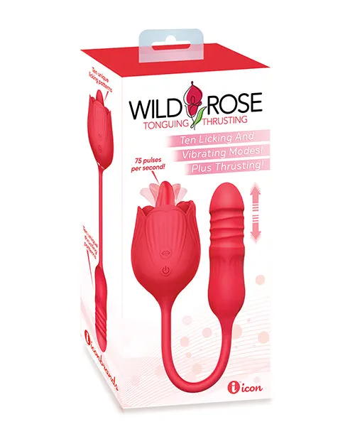 Wild Rose Lick and Thrust Rechargeable Silicone Dual Vibrator with Clitoral Stimulator Red Wild Rose Female Sex Toys