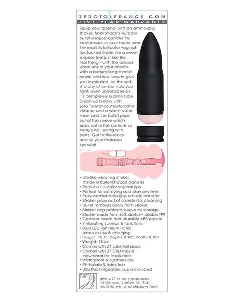 Zero Tolerance Shell Shock Rechargeable Vibrating Pussy Stroker with DVD Download Black Zero Tolerance Male Sex Toys